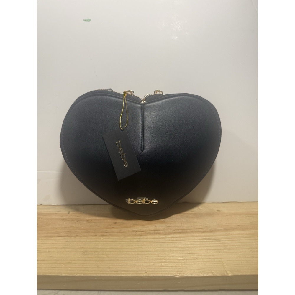 BEBE Crossbody Bag Malou Heart Adjustable Shoulder Purse Black Faux Leather NWT